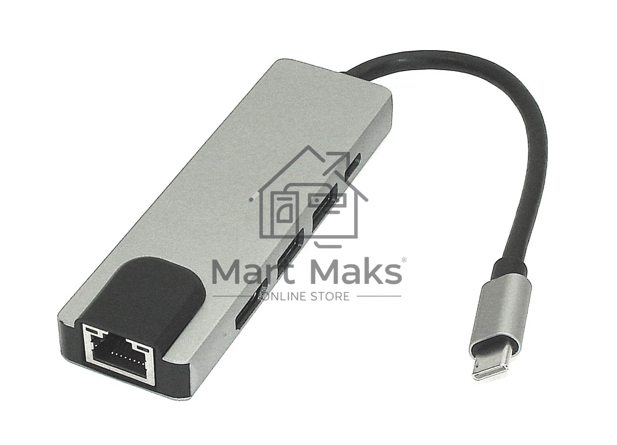 Адаптер Type C на HDMI, USB 3.0*2 + RJ45 + Type C, серебро