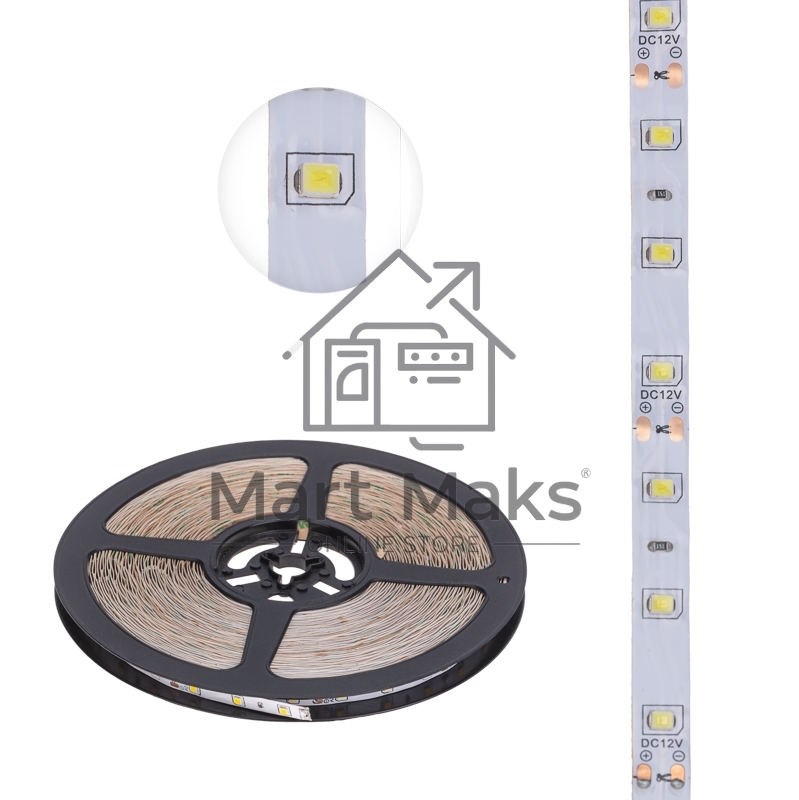 Лента светодиодная 12В, SMD2835, 4,8Вт/м, 60 LED/м, 2700К, 8мм, 20м, для БП с клеммами, IP20 LAMPER