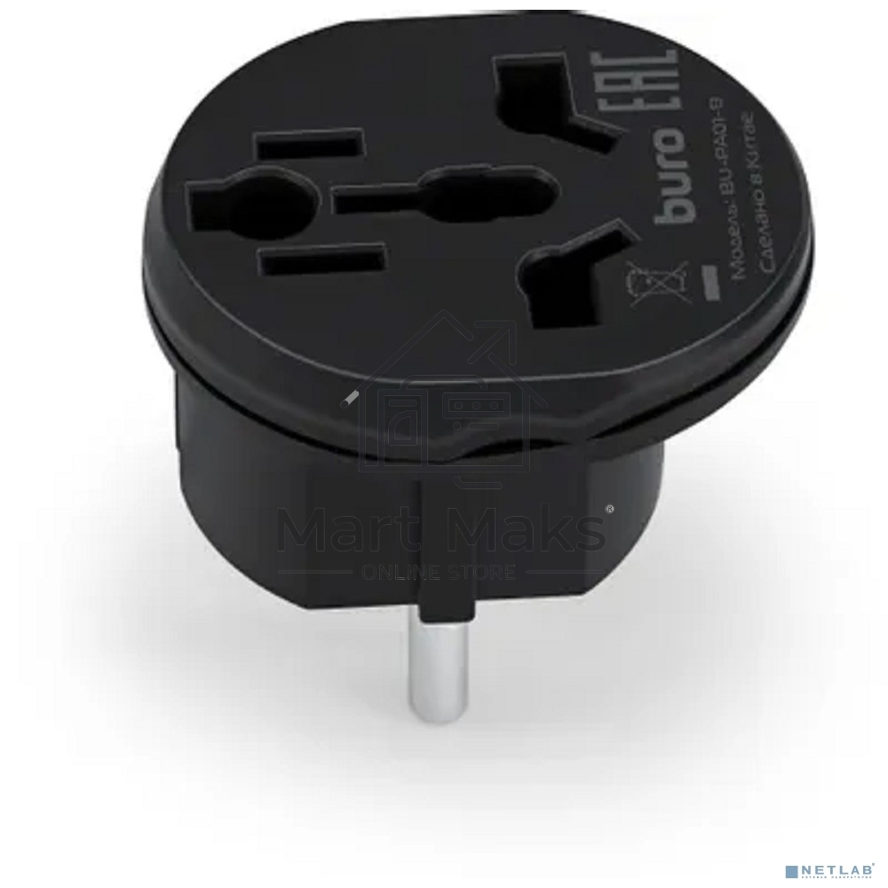 Адаптер-переходник Buro BU-PA01-B, 1 розетка, черный (пакет ПЭ)