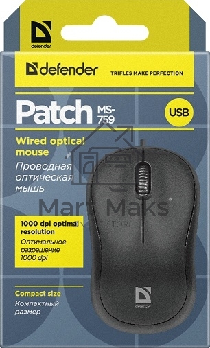 Мышь проводная Defender Patch MS-759 черный, 1000 dpi, USB, кнопки - 3