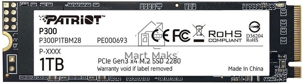 Накопитель SSD Patriot P300, 1000GB, PCIe 3.0 x4, M.2 2280, NVMe, R/W 2100/1650