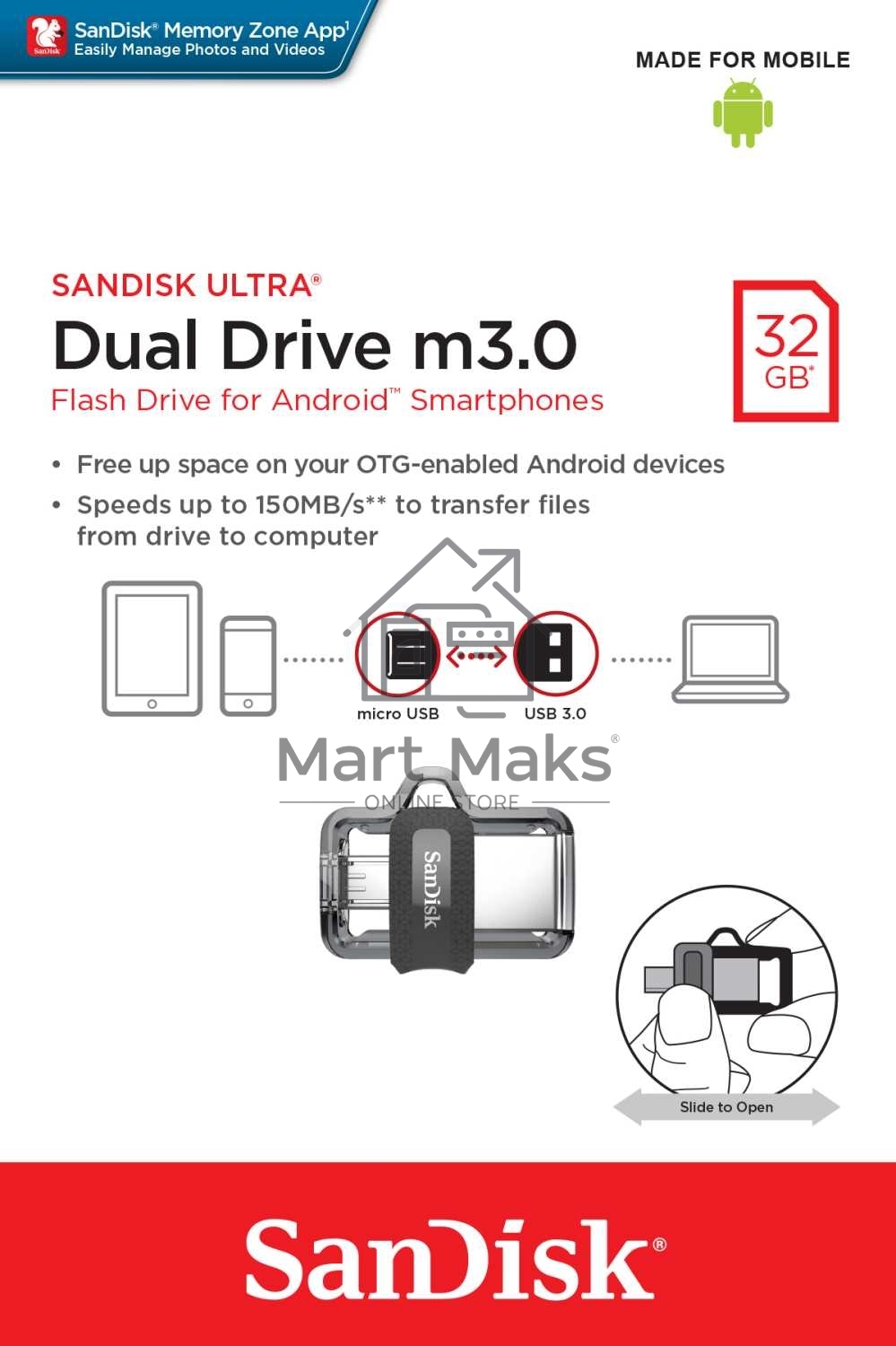 Флешка USB R/W R/W 32GB SanDisk Ultra Android Dual Drive OTG, m3.0/USB 3.0, Black