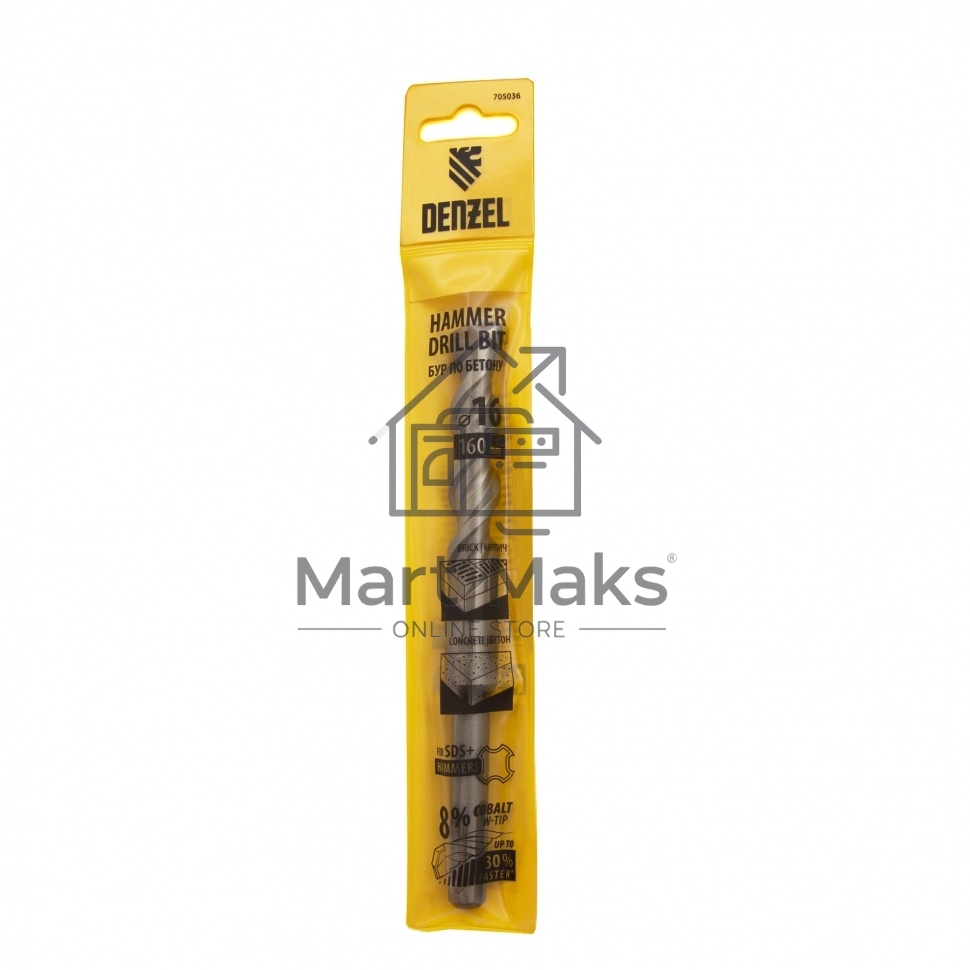 Бур по бетону, двойная спираль, Cobalt W-tip, 16x160 мм, SDS PLUS Denzel