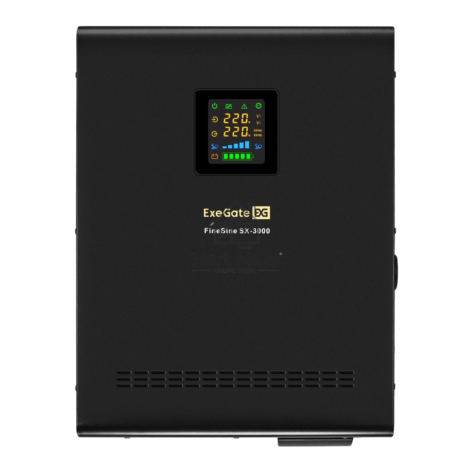 Источник бесперебойного питания (инвертор, синус, для котла, настенный) ExeGate FineSine SX-3000.LCD.AVR.2SH.T 3000VA/2100W, чистая синусоида, цветной LCD-дисплей, AVR, 2*Schuko+клеммы, линейно-интерактивный, внешняя батарея 48В до 200А·ч (поставляется от