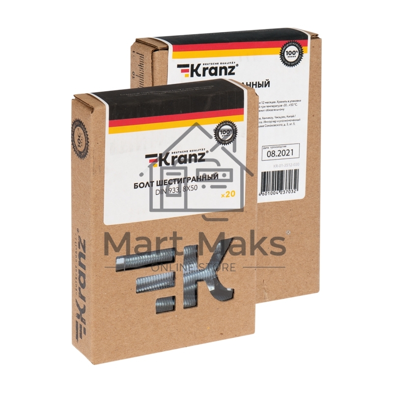 Болт шестигранный KRANZ DIN 933, 8х50, упаковка поставщика ( 24 кг. / 1 100 шт.)