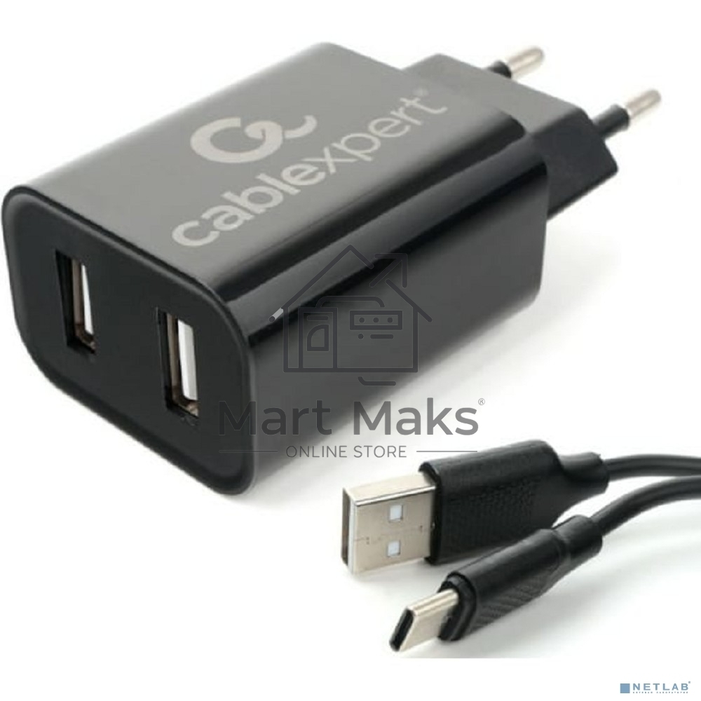 Адаптер питания Cablexpert MP3A-PC-37 USB 2 порта, 2.4A, черный + кабель 1м Type-C