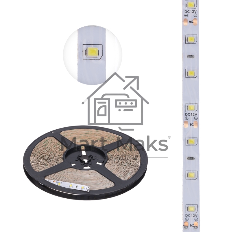 Лента светодиодная 12В, SMD2835, 4,8Вт/м, 60 LED/м, 6500К, 8мм, 20м, для БП с клеммами, IP20 LAMPER