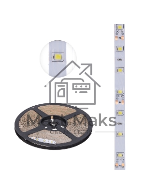 Лента светодиодная 12В, SMD2835, 4,8Вт/м, 60 LED/м, 6500К, 8мм, 20м, для БП с клеммами, IP20 LAMPER