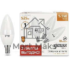 Лампа светодиодная Gauss Basic 1033116T 5.5Вт цок.:E14 свеча 240B 3000K св.свеч.белый.теп. (упак.:3шт)