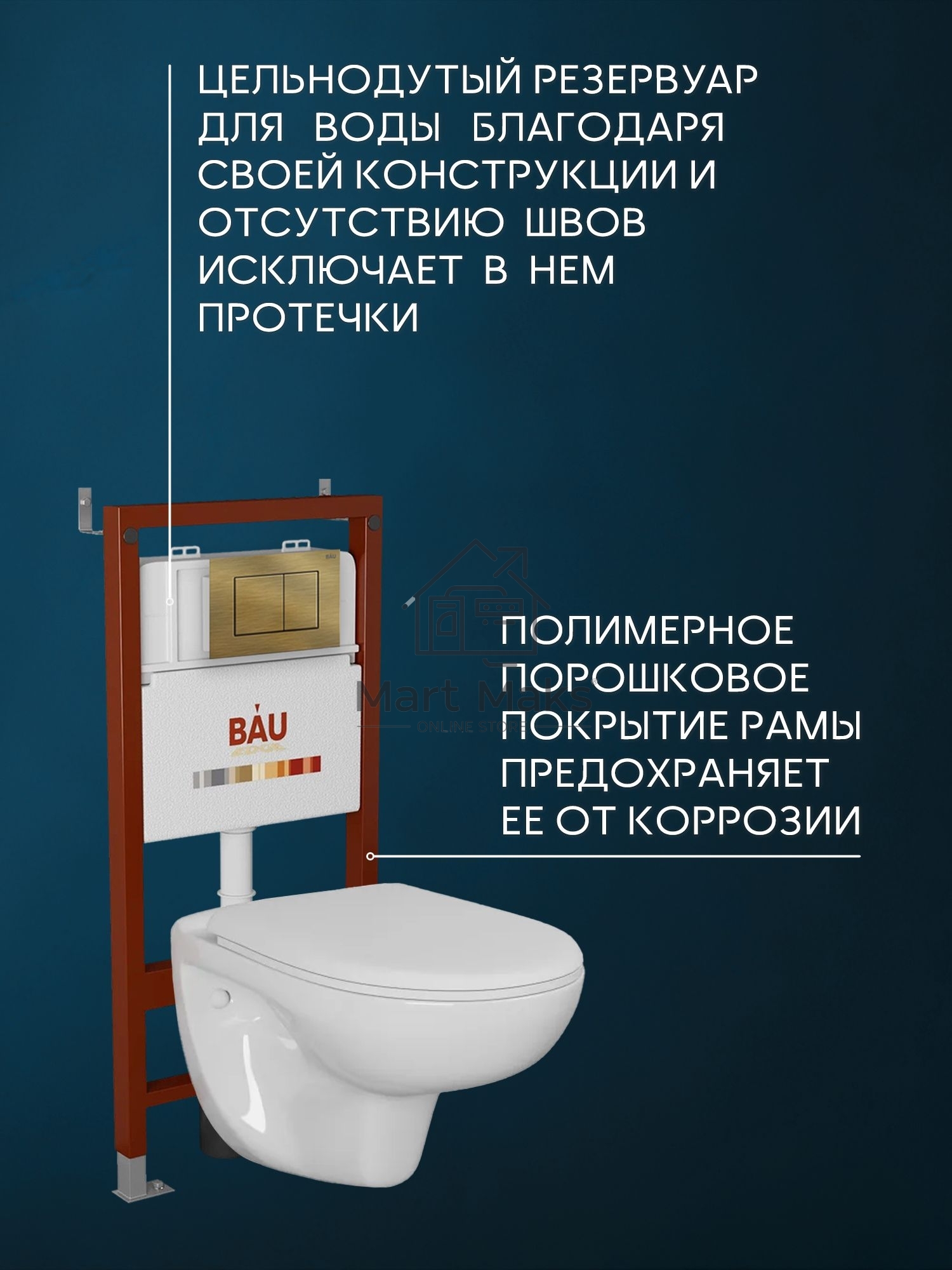 Комплект BAU 6 в 1: инсталляция BAU PRO для подвесного унитаза, унитаз подвесной безободковый Bau Novo, быстросъемное сиденье микролифт, кнопка смыва BAU Stil, бронза