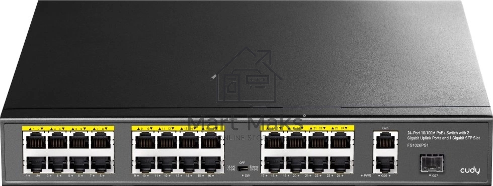 Коммутатор Cudy FS1026PS1, (L2) 24x100Мбит/с 2x1Гбит/с, 1SFP, 24PoE, 24PoE+ 300W, неуправляемый