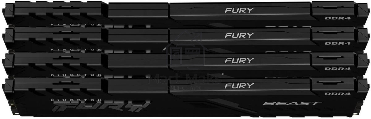 Оперативная память Kingston Fury Beast, DDR4, 128GB (4x32 GB), 3600 MHz, CL18, DIMM, с радиатором, черный