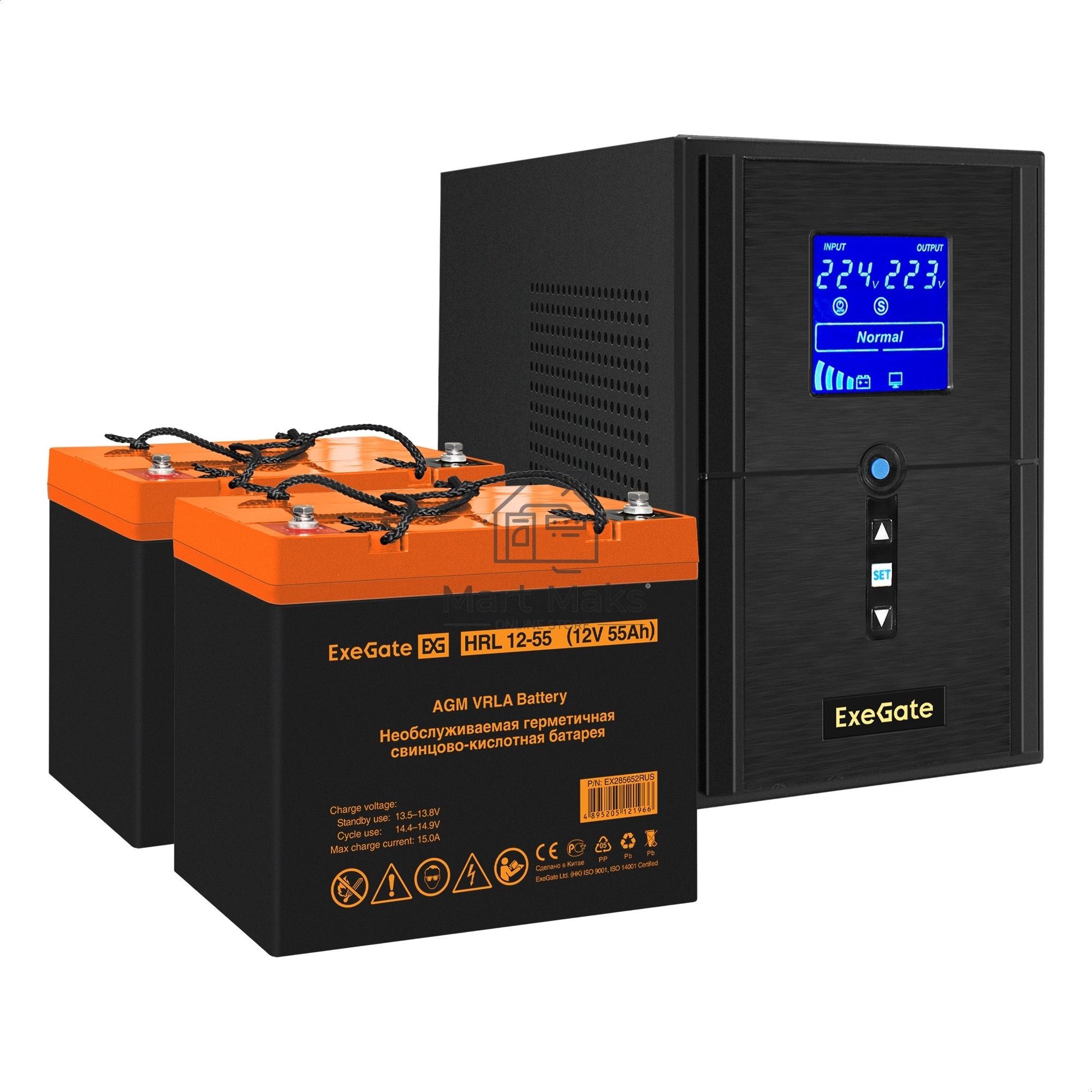 Комплект Источник бесперебойного питания EX295987RUS + батарея 55Aч EX285652RUS 2шт (инвертор, синус, для котла) ExeGate SineTower SZ-1000.LCD.AVR.2SH.1C13.USB <1000VA/800W, чистый синусоида, LCD дисплей, AVR, 2*Schuko+1*C13, USB, линейно-интерактивный, B