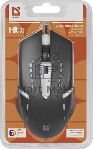 Мышь проводная Defender Hit MB-601 черный, 1200 dpi, USB, кнопки - 4