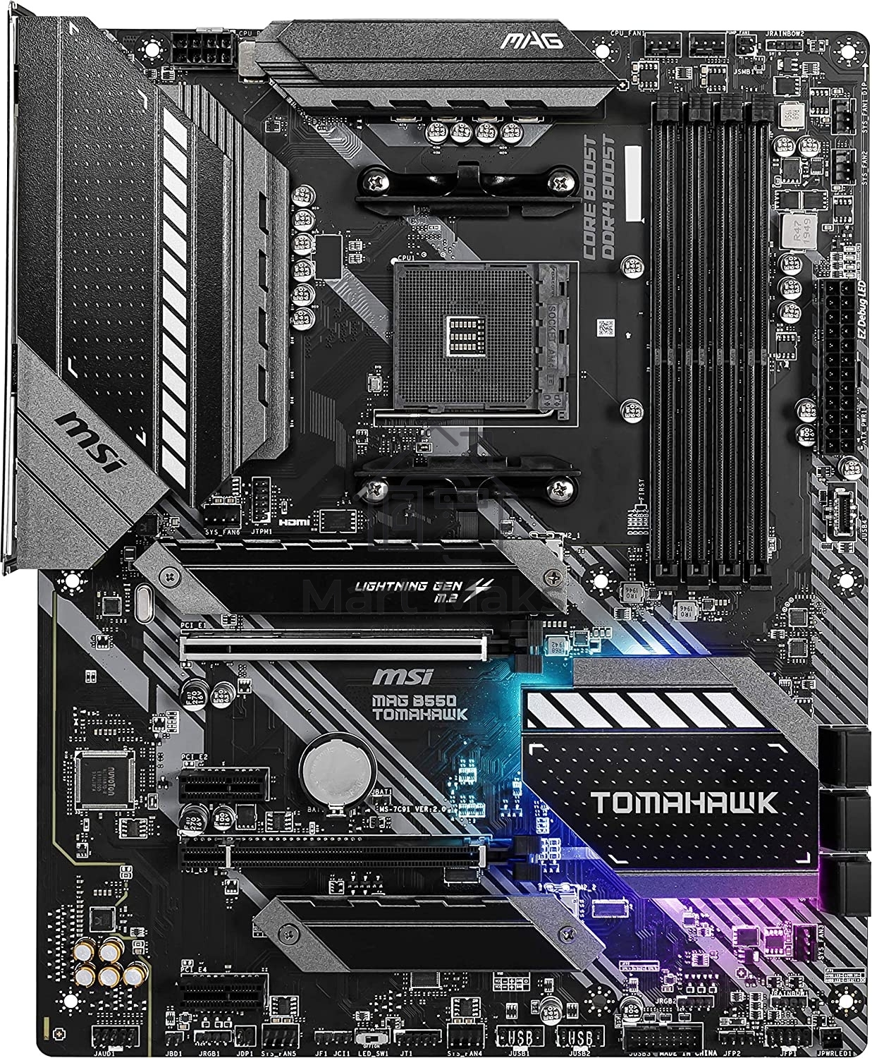 Материнская плата MSI MAG B550 TOMAHAWK MAX WIFI, AM4, AMD B550, 4xDDR4, 6xSATA, 2xM.2, 1xPCI-E 4.0 x16, 1xPCI-E 3.0 x4, 2xPCI-E x1, 1xHDMI, 1xDP, 1x 2.5Gb LAN, 2xUSB-A 2.0, 2xUSB-A 3.2 Gen 1, 1xUSB-A 3.2 Gen 2, 1xUSB-C 3.2 Gen 2, 5x3.5 мм, 7.1, ATX