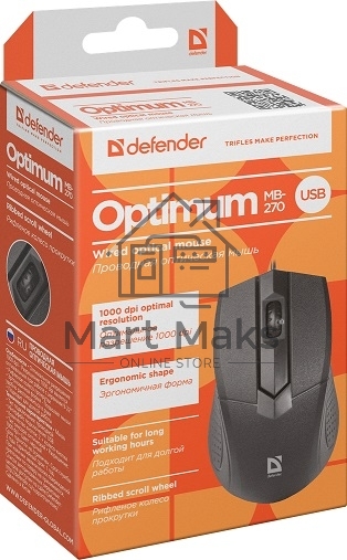 Мышь проводная Defender Optimum MB-270 черный, 1000 dpi, USB, кнопки - 3