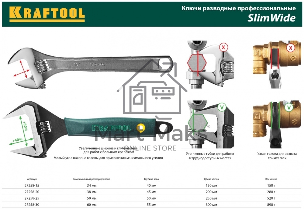 Ручной инструмент KRAFTOOL 27258-15 Ключ разводной Cr-V,фосфатир,эргоном рукоятка из эластомера,увелич зев,угол наклона губок 15град,150мм/6