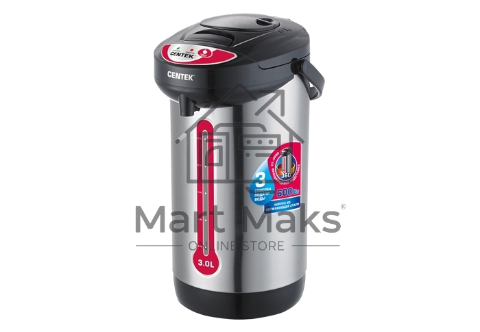 Термопот Centek CT-0080 черный, 3л, 600Вт, 3 способа подачи воды, корпус из нержавеющей стали
