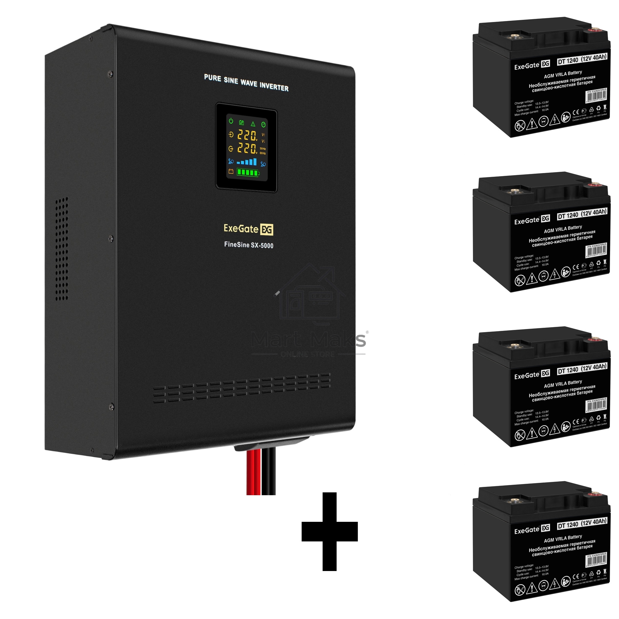Комплект ИБП EX296004RUS + батарея 40Aч EX282976RUS 4шт (инвертор, синус, для котла, настенный) ExeGate FineSine SX-5000.LCD.AVR.2SH.T <5000VA/3500W, чистая синусоида, цветной LCD-дисплей, AVR, 2*Schuko+клеммы, линейно-интерактивный, крепление настенное, 