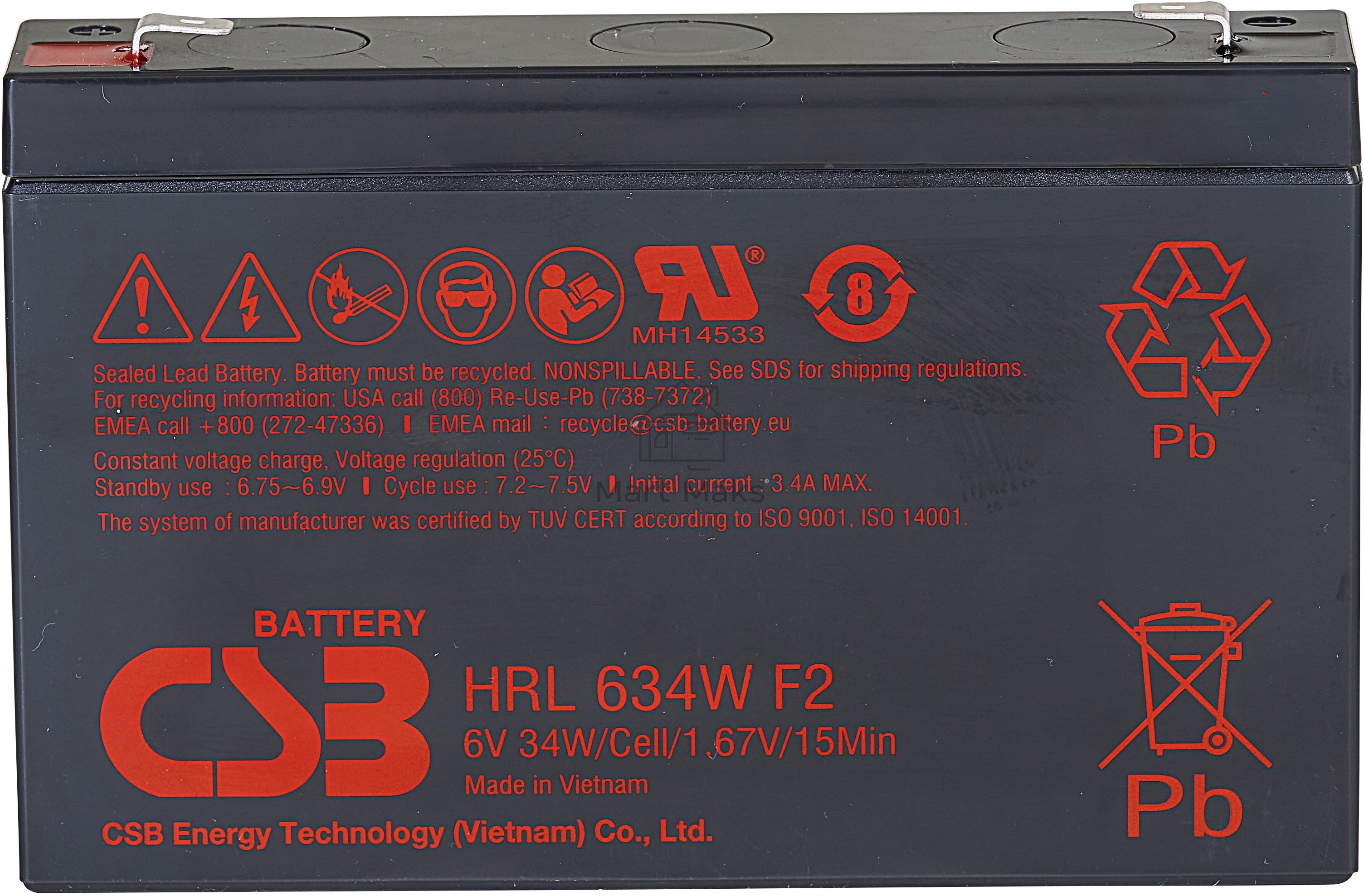 Аккумулятор 6V 9Ah CSB HRL634W (HRL634WF2FR) клеммы F2, огнеупорные