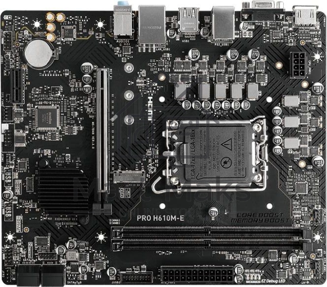 Материнская плата MSI PRO H610M-E, LGA 1700, Intel H610, 2xDDR5, 4xSATA, 1xM.2, 1xPCIe 4.0 x16, 1xPCIe 4.0 x1, 1xHDMI, 1xVGA, 1xRJ45 1Gb, 2xUSB-A 3.2 Gen 1, 4xUSB-A 2.0, 3x3.5мм, 7.1, mATX