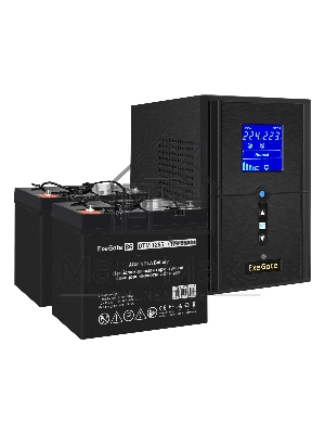 Комплект ИБП EX295987RUS + батарея 55Aч EX285667RUS 2шт (инвертор, синус, для котла) ExeGate SineTower SZ-1000.LCD.AVR.2SH.1C13.USB <1000VA/800W, чистый синусоида, LCD дисплей, AVR, 2*Schuko+1*C13, USB, линейно-интерактивный, черный> + батарея ExeGate DTM
