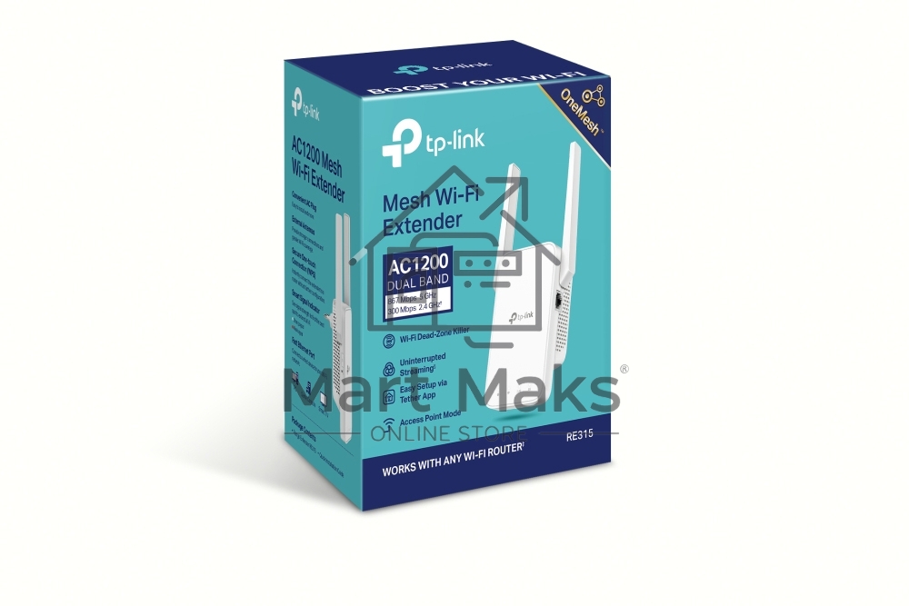Усилитель TP-Link Wi-Fi сигнала AC1200 OneMesh Wi-Fi Range Extender/Signal Amplifier, dual-band Wi-Fi, two external antennas, 1 10/100Mbps port, 1 WPS button, supports RE/AP mode, Smart signal indicator, easy setup/management via Tether APP/Web UI.