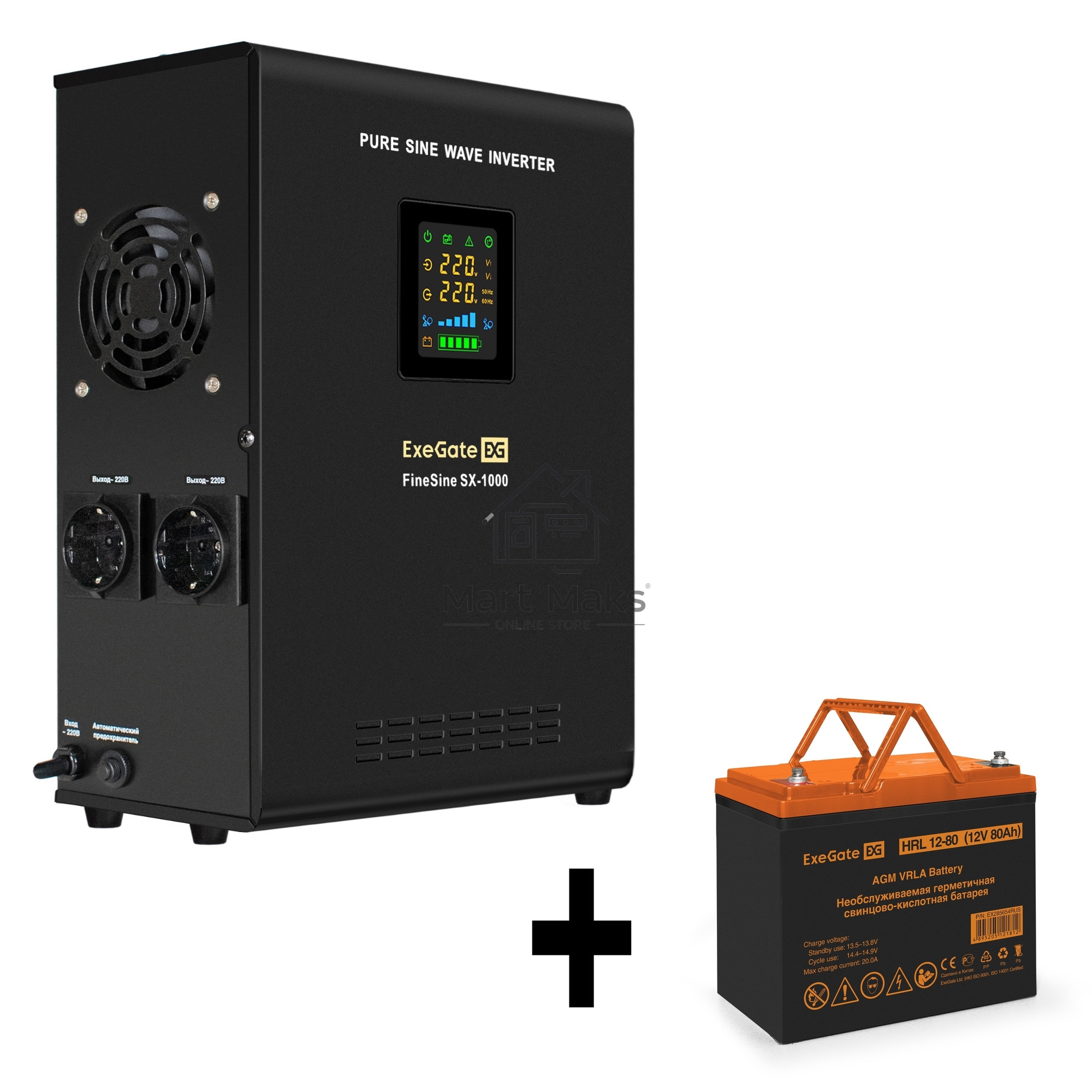 Комплект ИБП EX295997RUS + батарея 80Aч EX285654RUS 1шт (инвертор, синус, для котла, настенный) ExeGate FineSine SX-1000.LCD.AVR.2SH <1000VA/600W, чистая синусоида, цветной LCD-дисплей, AVR, 2*Schuko, линейно-интерактивный, крепление настенное/универсальн