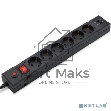 Сетевой фильтр Buro BU-SP1.8 USB 2A-B 1.8м (6 розеток) черный (коробка)