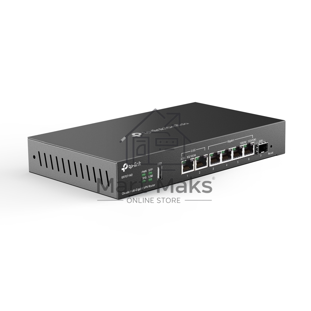 Маршрутизатор VPN TP-Link ER707-M2 Omada с мультигигабитными портами,1 x RJ45 WAN 2,5 Гбит/с, 1 x RJ45 WAN/LAN 2,5 Гбит/с, 1 x SFP WAN/LAN, 4 гиг. порта RJ45 WAN/LAN, 1 порт USB 2.0