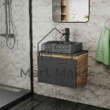 Комплект: тумба Bau Dream Blackwood графит 60, 1 ящик, раковина BAU Cerama 48х37, темно-серая, смеситель Hotel Black, черный матовый