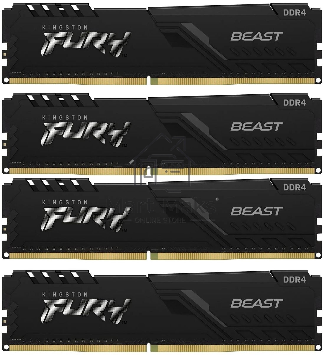 Оперативная память Kingston Fury Beast, DDR4, 128GB (4x32 GB), 3600 MHz, CL18, DIMM, с радиатором, черный