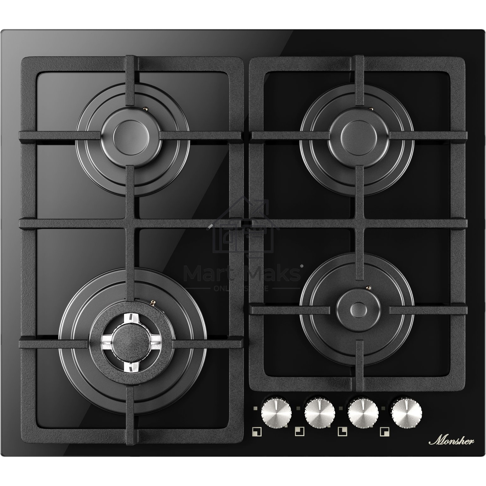 Варочная поверхность MONSHER MGG 61 Noir, High-Tech, газ, 60 см, газ-контроль, автоматический электроподжиг, чугунные решетки, форсунки под сжиженый газ, поворотные переключатели, черный