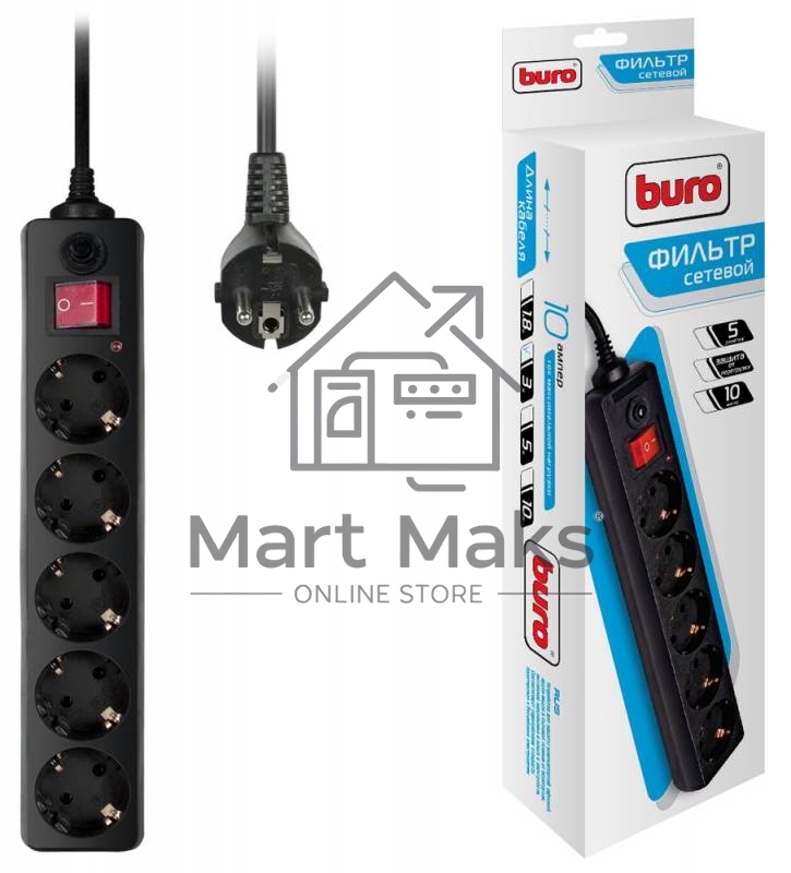 Сетевой фильтр BURO Сетевой фильтр, 5 розеток, 3 метра, (500SH-3-B), черный 992293
