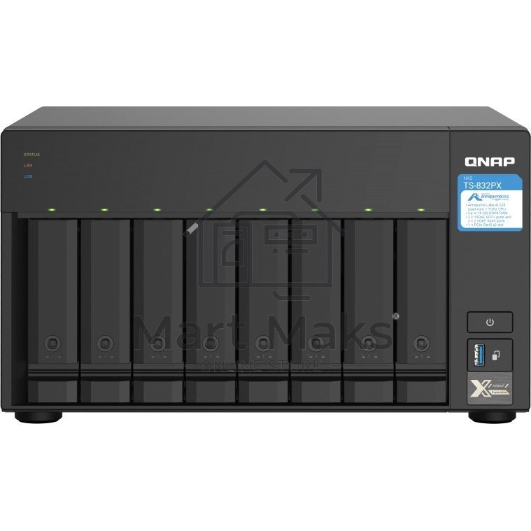 Сетевое хранилище без дисков SMB QNAP TS-832PX-4G 8-Bay NAS, AL324 64-bit quad-core 1.7GHz, 4GB DDR4 SODIMM RAM (up to 1x16 GB), 8 x 3.5