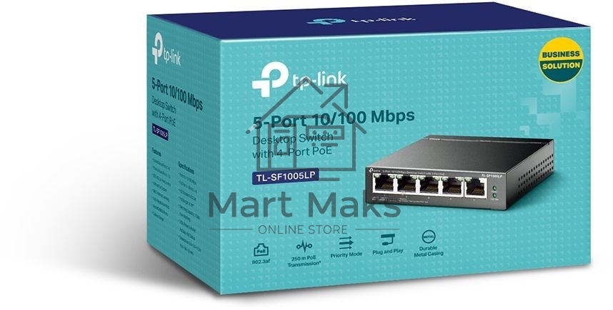 Коммутатор 5-Port 10/100Mbps Unmanaged Switch with 4-Port PoE, meta case, desktop mount, PoE budget 41W.