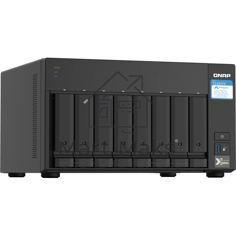 Сетевое хранилище без дисков SMB QNAP TS-832PX-4G 8-Bay NAS, AL324 64-bit quad-core 1.7GHz, 4GB DDR4 SODIMM RAM (up to 1x16 GB), 8 x 3.5