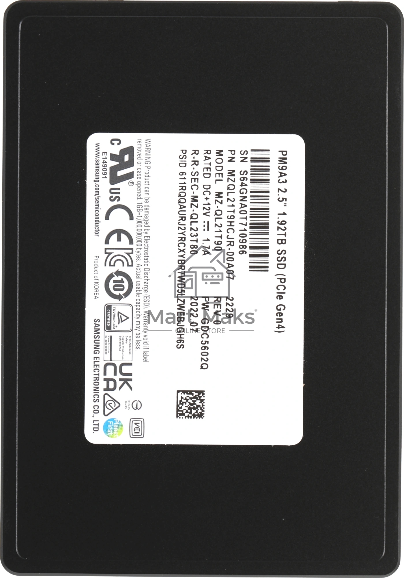 Накопитель SSD Samsung Enterprise, 1.92Tb, PCIe 3.1 x4, 2.5
