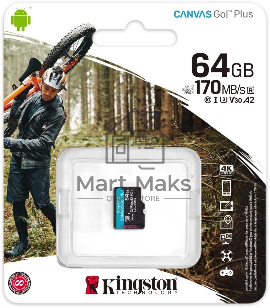Флеш карта Kingston 64GB microSDXC Canvas Go Plus 170R A2 U3 V30 Single Pack w/o ADP EAN: 740617301175