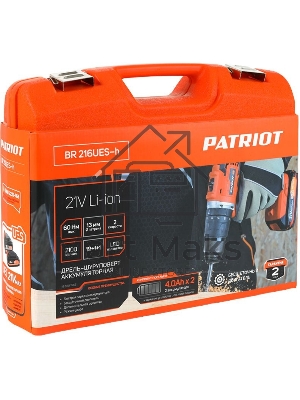 Дрель-шуруповерт аккумуляторная Patriot BR 216UES-h, Аккумуляторная, 21В, 2 АКБ, Кейс