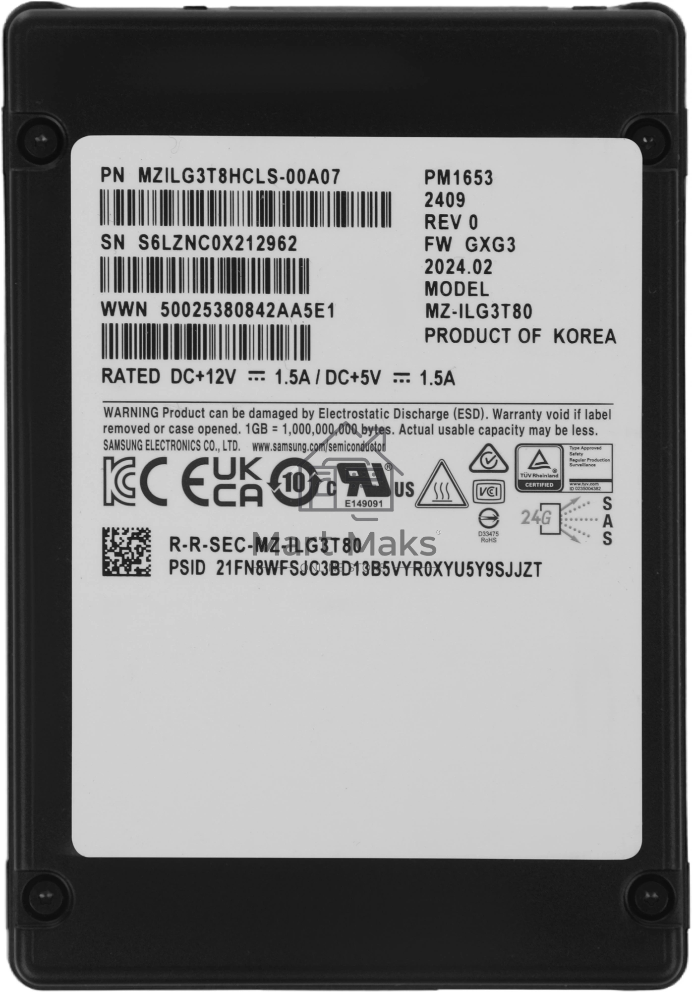Накопитель SSD Samsung PM1653, 3.84Tb, SAS 4.0, 2.5