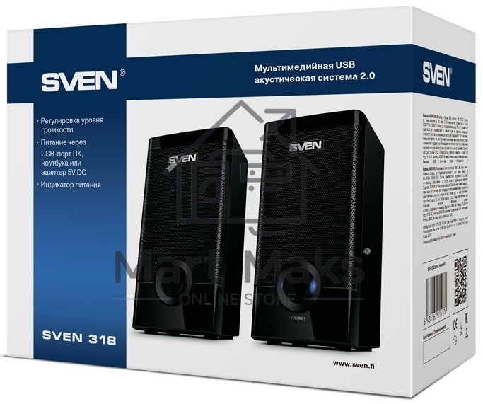 Колонки Sven 318 черный USB-порт ПК, ноутбука или адаптер 5V DC
