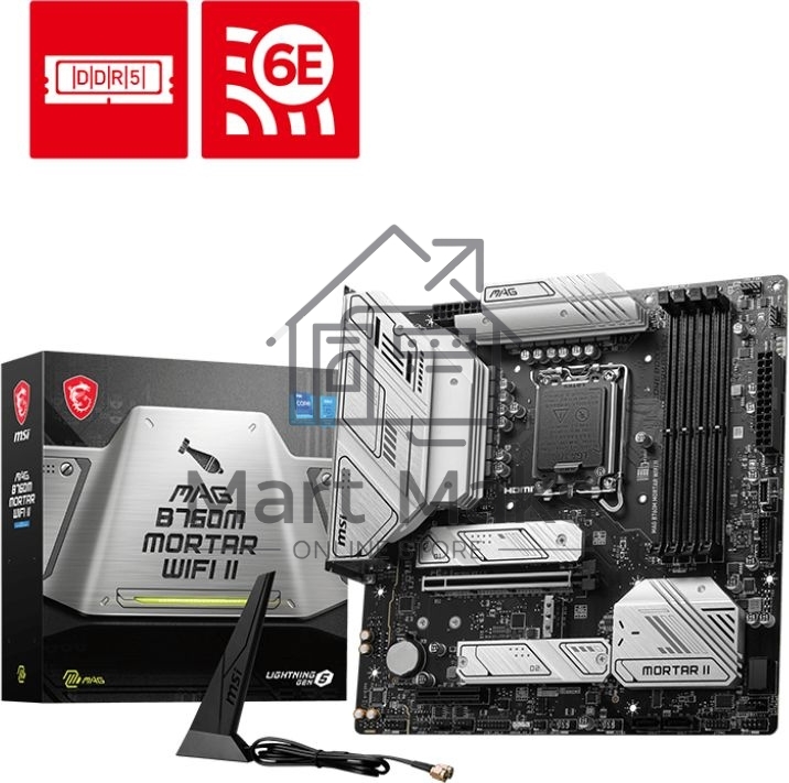 Материнская плата MSI MAG B760M MORTAR WIFI II, LGA 1700, Intel B760, 4xDDR5, 4xSATA, 3xM.2, 1xPCIe 5.0 x16, 1xPCIe 4.0 x4, 1xHDMI, 1xDP, 1xUSB Type-C, 1x2.5Gb LAN, 3xUSB-A 2.0, 3xUSB-A 3.2 Gen 2, 5x3.5 мм, 7.1, mATX