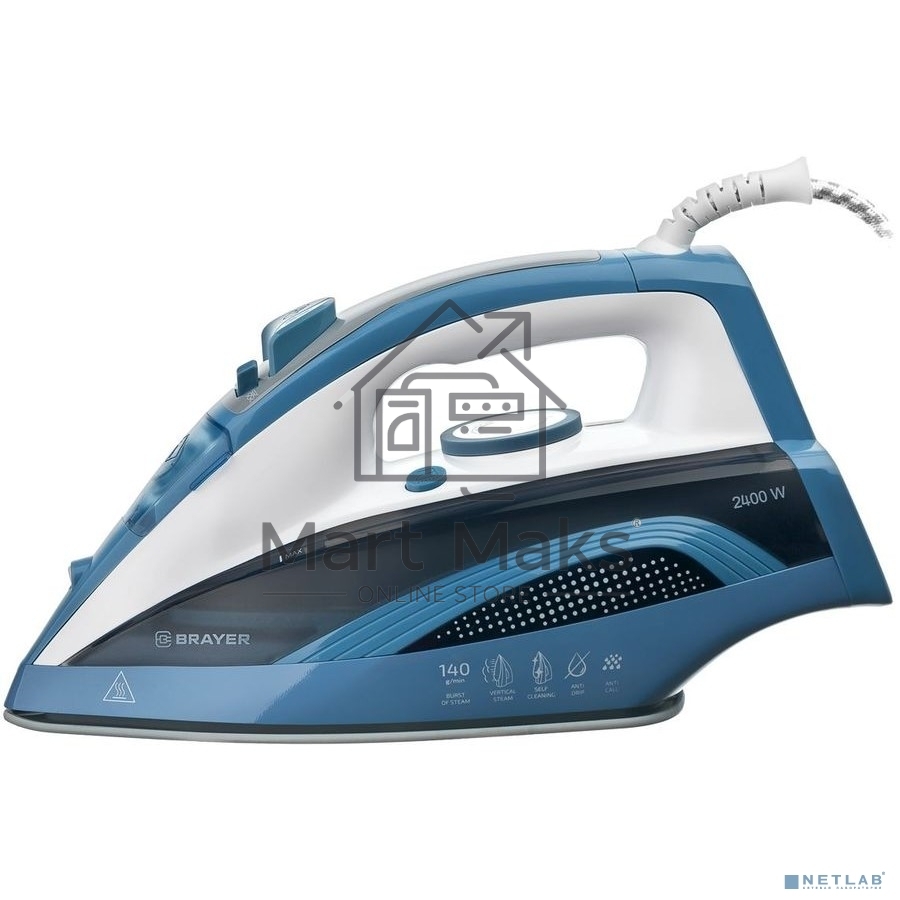 Утюг BRAYER 4002BR, 2400 Вт, керамич, Пар 140 г/м антикапля, разбрыз, резер 360мл, самоотчис,