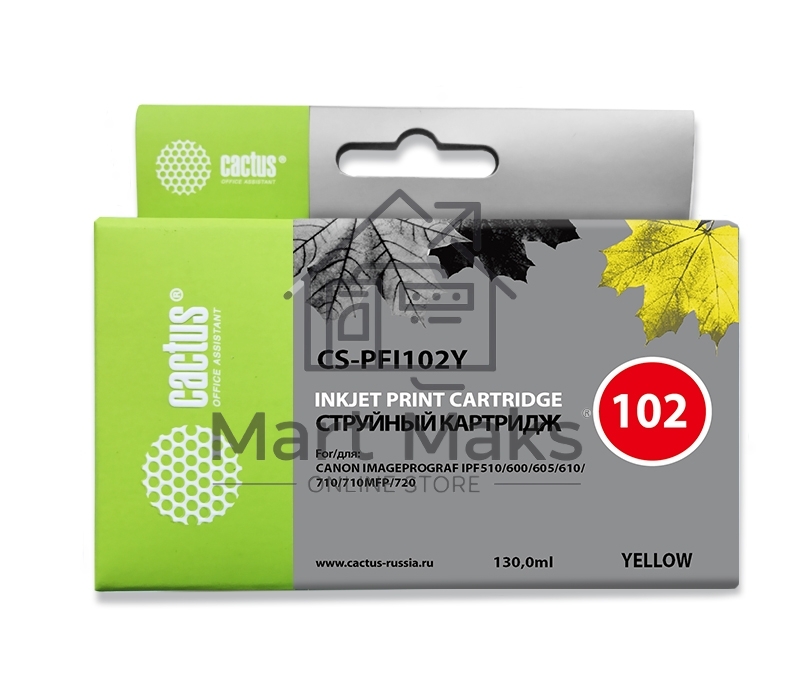 Картридж струйный Cactus CS-PFI102Y желтый (130мл) для Canon IP iPF500/iPF600/iPF700/MFP M40/iPF765/LP17/LP24