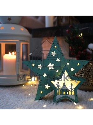 Деревянная фигура с подсветкой «Домик Звездочета» бирюзовая 26х7х25 см, Neon-night