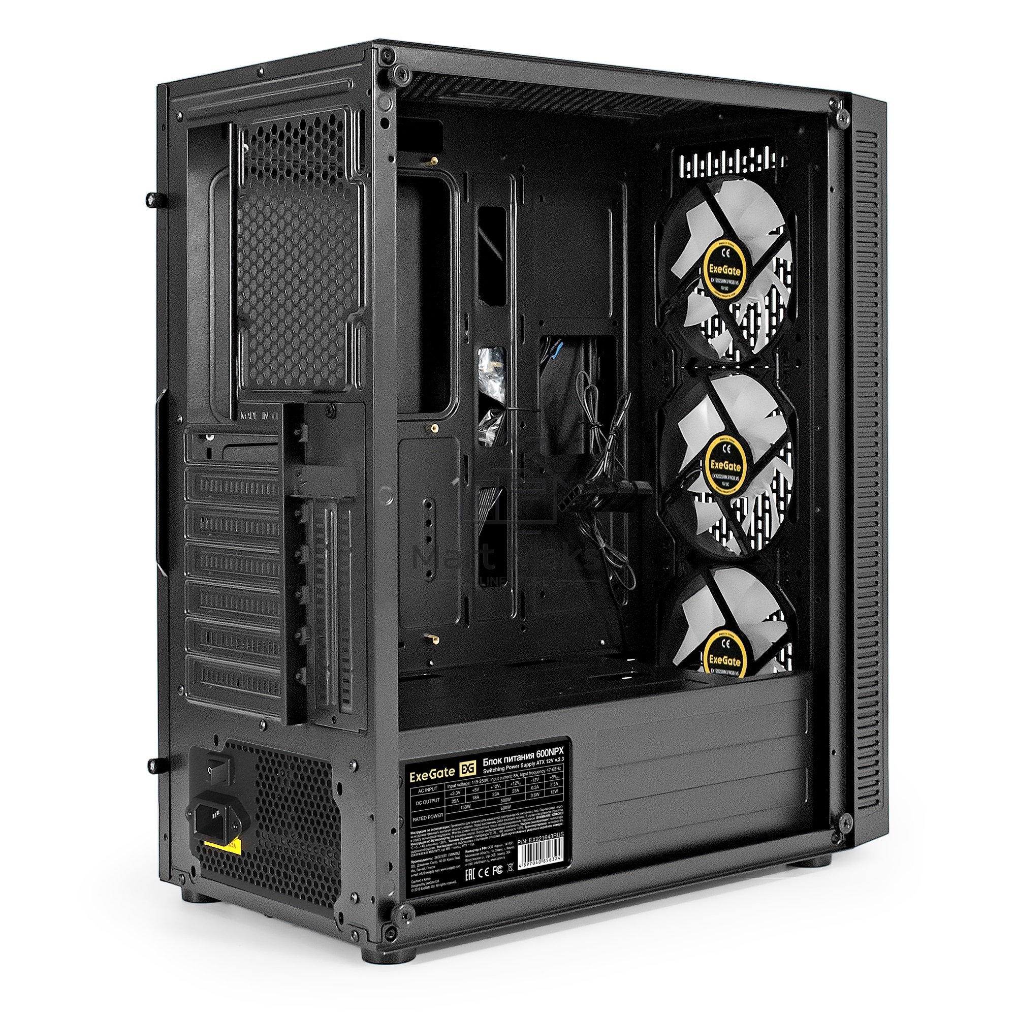 Компьютерный корпус Miditower ExeGate EVO-5001A-600NPX (ATX, БП 600NPX с вент. 12 см, 2*USB+1*USB3.0+HD Audio, черный, 3 вент.12см с RGB подсветкой, боковая панель - закаленное стекло)
