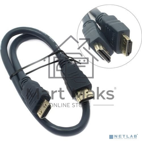Кабель HDMI CP-HM-HM-0.5M Wize, 0.5 м, v.2.0, K-Lock, soft cable, 19M/19M, позол.разъемы, экран, темно-серый, пакет