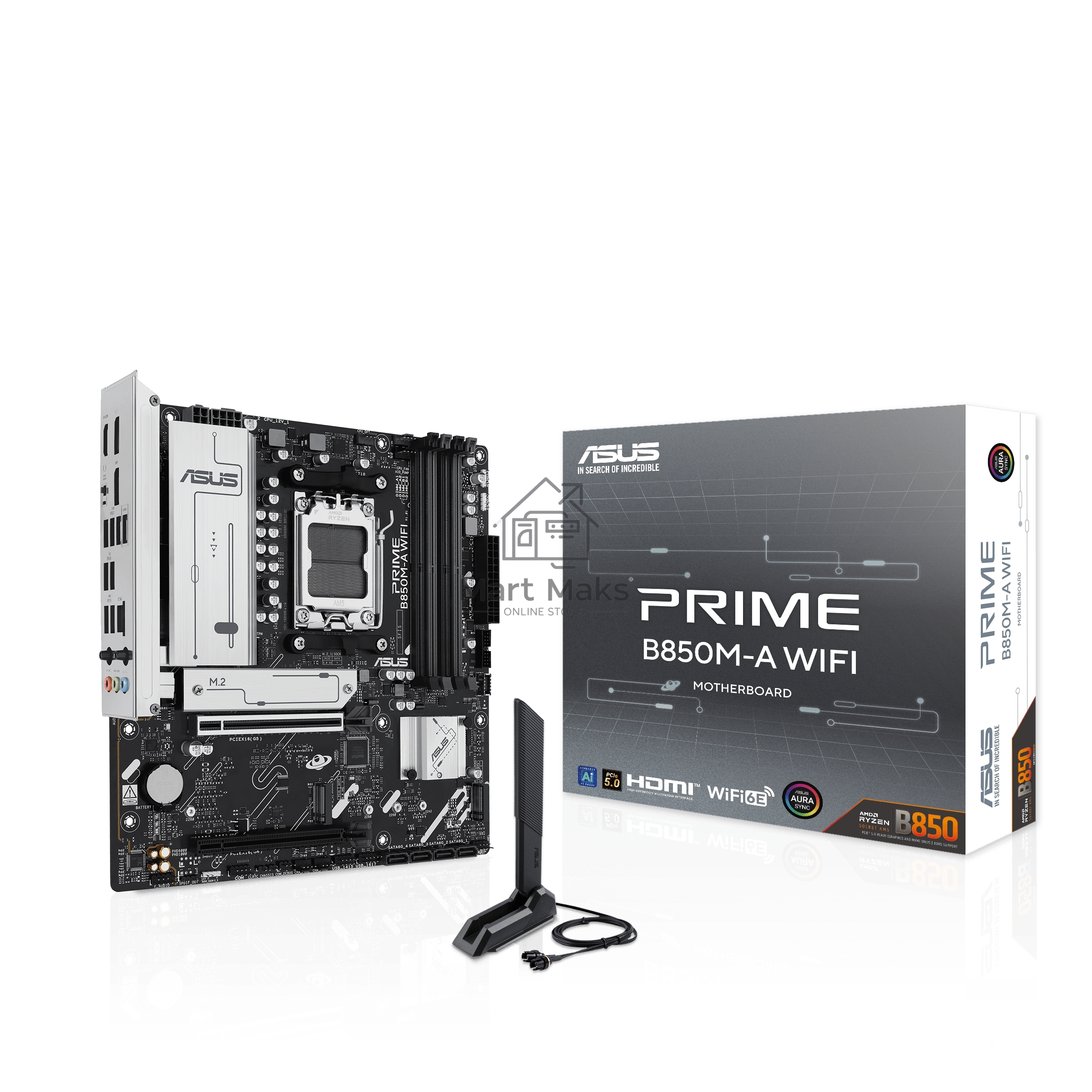 Материнская плата ASUS PRIME B850M-A WIFI, AM5, AMD B850, 4xDDR5, 4xSATA, 3xM.2, 1xPCIe 5.0 x16, 1xPCIe 4.0 x16, 1xHDMI, 2xDP, 1x2.5Gb LAN, Wi-Fi 6E, Bluetooth 5.3, 2xUSB-A 10Gbps, 2xUSB-A 5Gbps, 4xUSB-A 2.0, 3x3.5 мм, 7.1, mATX
