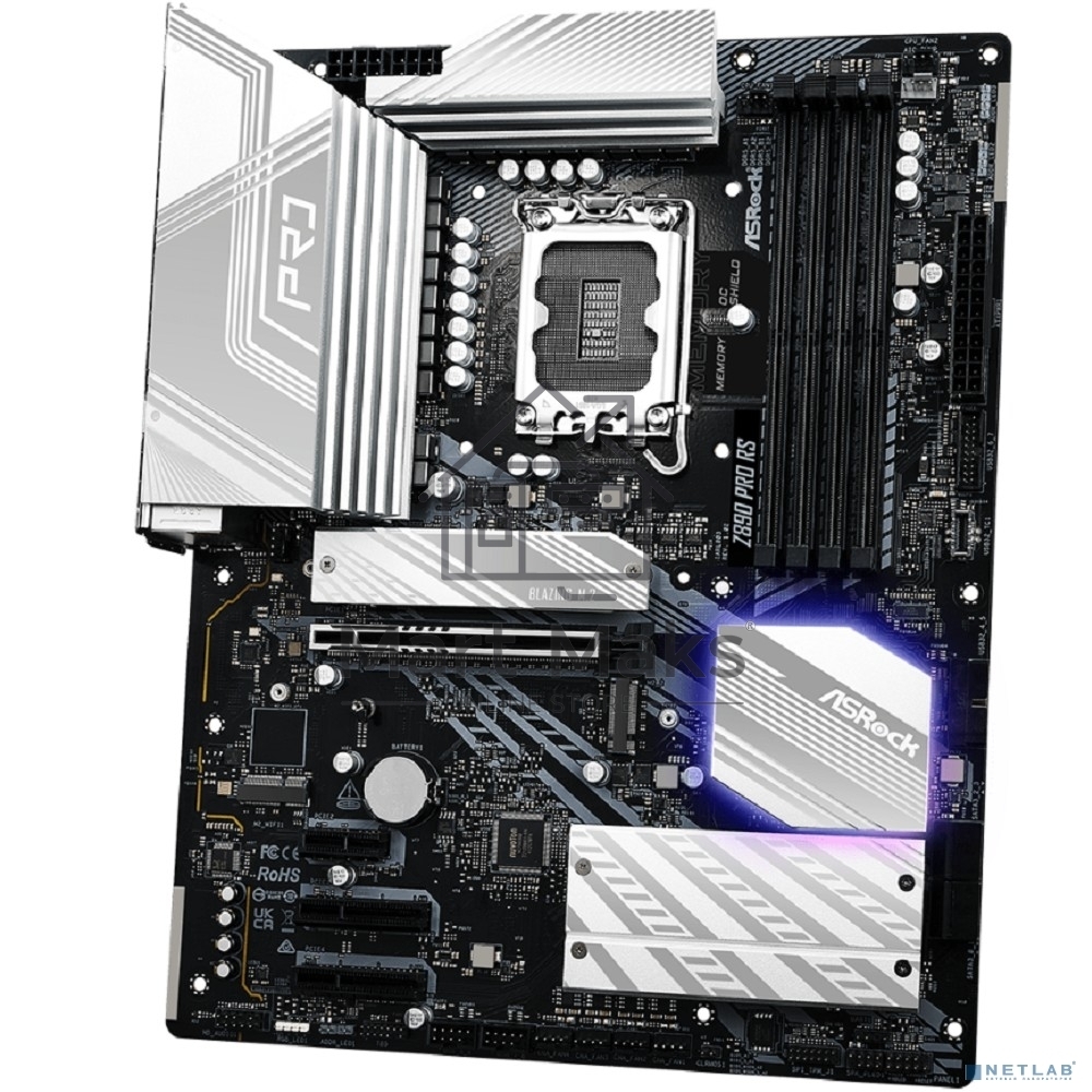Материнская плата ASRock Z890 PRO RS, LGA1851, Intel Z890, 4xDDR5, 4xSATA, 4xM.2, 1xPCIe 5.0 x16, 2xThunderbolt 4, 1xUSB-A 3.2 Gen 2, 6xUSB-A 3.2 Gen 1, 4xUSB 2.0, 1xHDMI, 1xDP, 1x2.5Gb LAN, 3x3.5 мм, 7.1, ATX